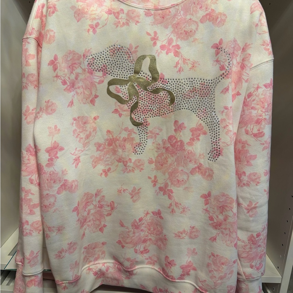 LoveShackFancy x Pink Collab - Floral Pink and White Sweater with dog rhines